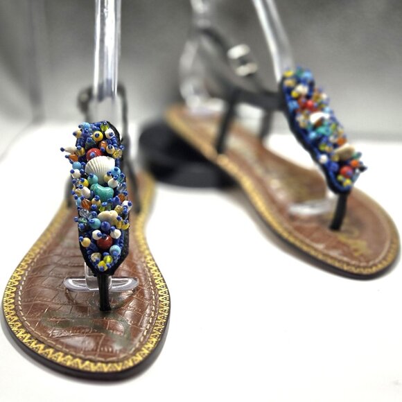 Sam Edelson Women's Beaded Leather Thong Sandals Size 6 - Picture 1 of 7